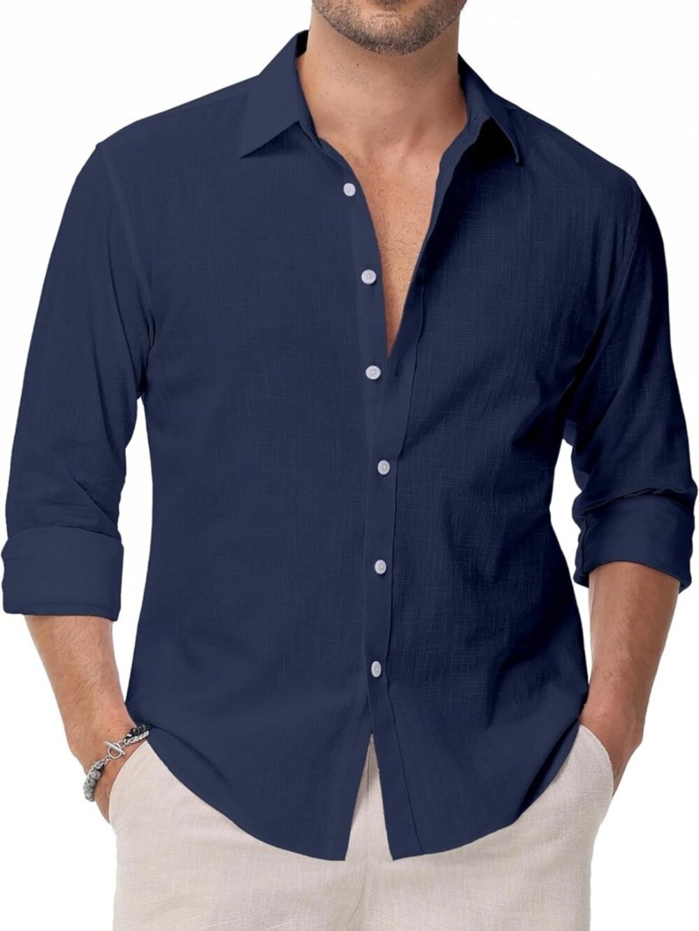 Casual Linen Button Down Shirt for Men - Long Sleeve Solid Summer Beach Top